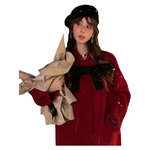 CLOUDSEASON蝴蝶结长款红色外套气质羊毛大衣女春秋100%羊毛外套