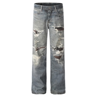 【3D数码直喷印花】国潮小众设计美式假破洞宽松微喇牛仔裤男长裤