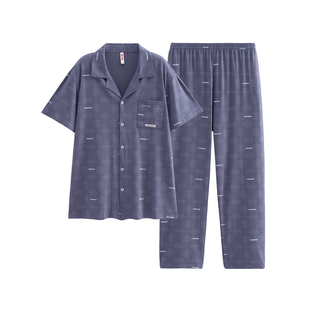 芬腾睡衣男夏季纯棉男士短袖长裤薄款中老年男款翻领家居服套装