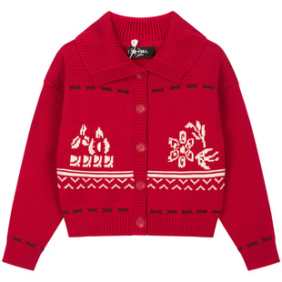 水孩儿女童毛衣2025秋冬装新品中大童红色开衫女宝宝保暖针织外套