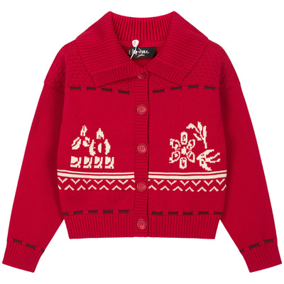 水孩儿女童毛衣红色针织开衫外套