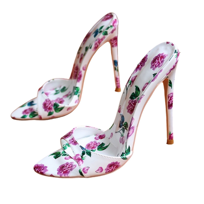 花朵印染漆皮超高跟拖鞋细跟一字拖恨天高13CM性感夜店性感民族风