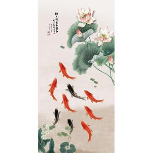 九鱼图玄关装饰画入户挂画年年有余招财锦鲤客厅遮丑墙壁美化画布