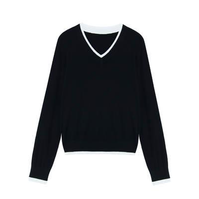 pusumede 留学笔记 100%羊毛V领撞色针织衫女宽松长袖慵懒风上衣
