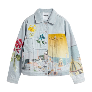 Desigual26春夏新品贴布刺绣拼接风景花卉印花夹克女式外套