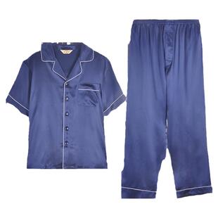 美标真丝睡衣100%桑蚕丝绸男士短袖长裤家居服夏季父亲爸两件套装