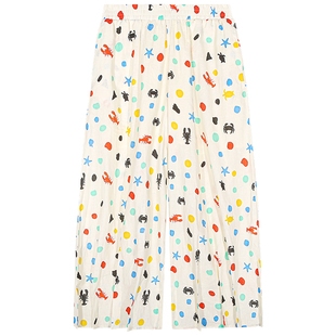 今屿花花裤子宽松bf慵懒风2025年新款棉麻印花松紧腰阔腿裤小个子