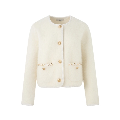 DIANA VEVINA冬新款钉珠开衫外套短款绒感毛针织衫