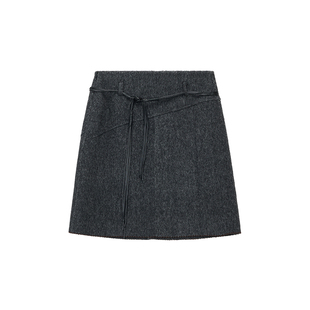 PRE PREWORKS双面呢羊毛羊驼A字短裙 高腰可调腰绳设计半身裙子