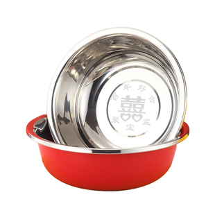 结婚喜盆食品级不锈钢女方陪嫁洗脸盆新婚娘家嫁妆红盆子套装一对