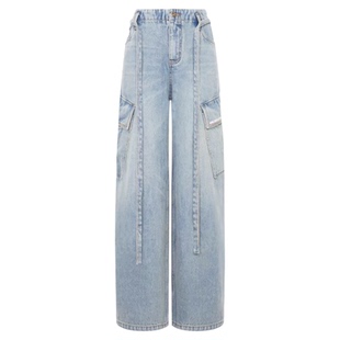 王心凌同款美式复古水洗阔腿牛仔裤女2025新款工装裤宽松直筒裤子