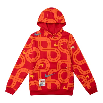 NIKE耐克大童卫衣男童女童红色保暖卫衣长袖套头针织连帽卫衣上衣