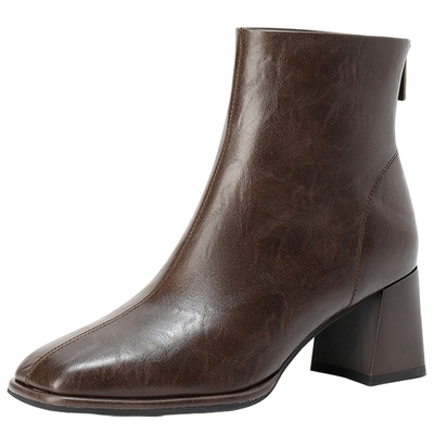 森达奶酪靴弹力靴女2025冬季新款复古气质方头粗高跟瘦瘦靴短靴