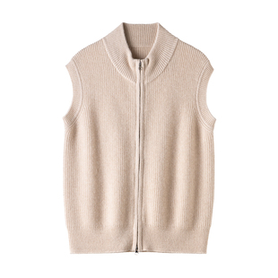 25新款半高领双拉链针织纯山羊绒开衫女背心马甲纯色坎肩外穿无袖