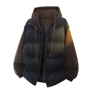 拉夏贝尔假两件马甲棉服外套冬季新款男女设计感连帽卫衣拼接棉衣