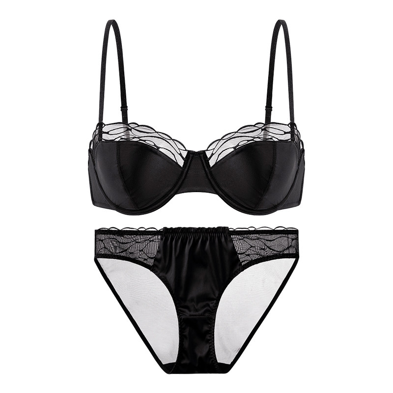 弗利少女法式内衣女软钢圈复古风 黑色性感文胸刺绣蕾丝拼接胸罩