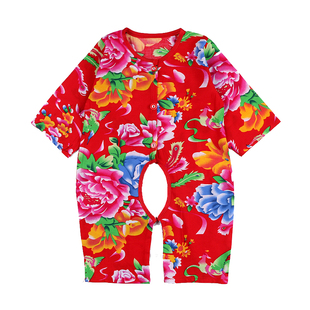 东北大花布夏季薄婴儿闭裆连体衣儿童宝宝哈衣新生儿爬服中国风