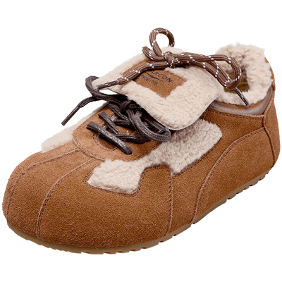 意尔康真皮内增高加绒德训鞋女2025冬新款复古毛毛鞋休闲棉鞋外穿