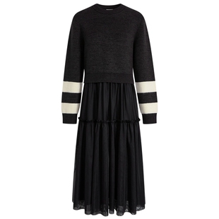 阔色假两件毛衣拼接纱裙连衣裙女2024秋冬季新款黑色长裙子围巾