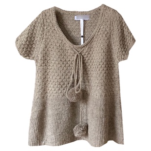 秒发毛球系带短袖针织衫女韩国春新款badbl*e含羊毛圆领叠穿上衣