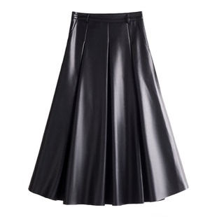 海宁真皮皮裙女中长裙2025秋季新款时尚显瘦绵羊皮半身裙A字伞裙