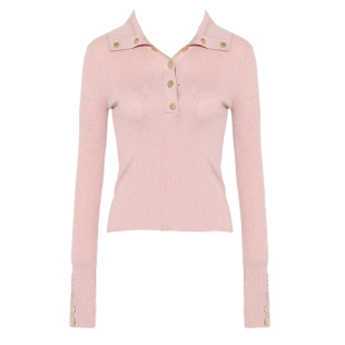 DPLAY粉色针织衫春季翻领上衣女气质修身打底衫亮丝polo领毛衣