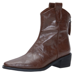 沈月同款百田森棕色靴子女2025新款爆款真皮加绒短靴法式尖头短靴