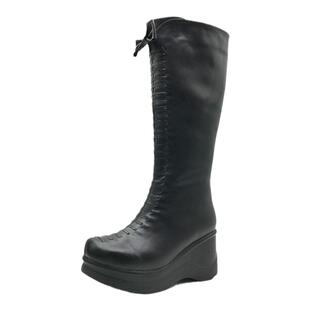 一席之地新款女鞋冬季真皮筒粗坡跟蝴蝶结侧拉链英伦时装长筒靴子