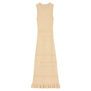 SANDRO2025秋冬女装法式气质时尚白色镂空木耳花边长款针织连衣裙