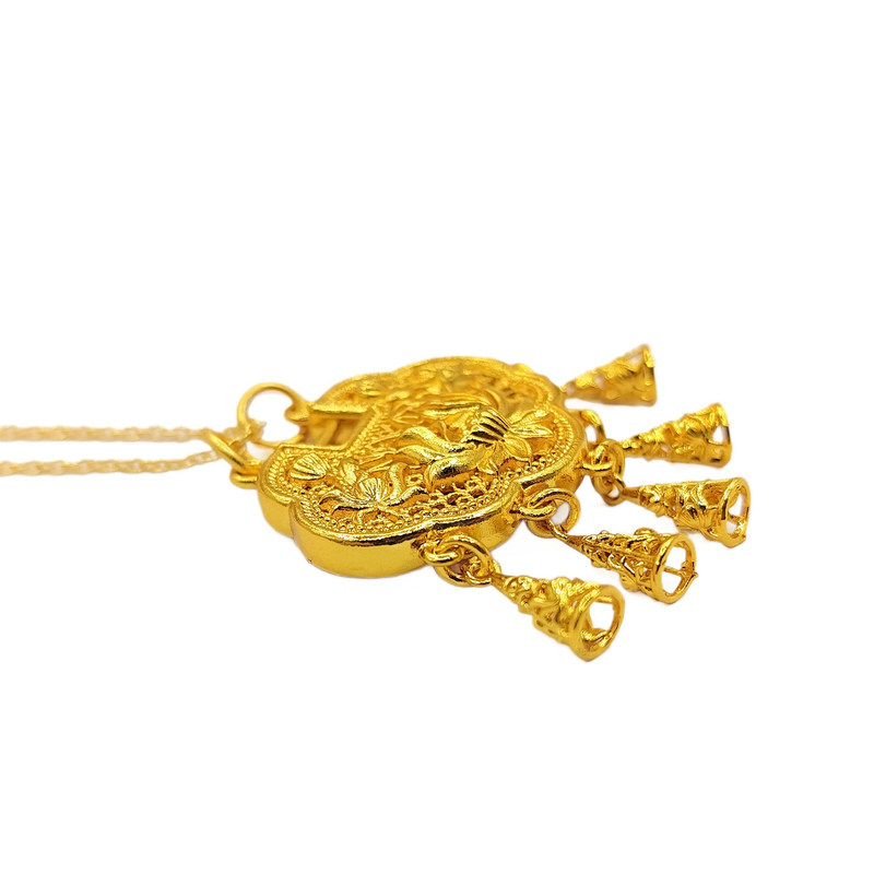 古法沙金莲花长命锁吊坠