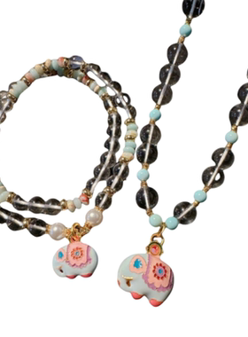 彩虹多巴胺冰翠珠珠吉象项链 水灵水灵 珐琅滴釉小象水晶串珠手链