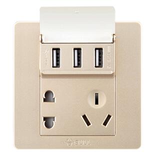 公牛开关插座面板带三USB五5二三孔86型10A家用墙壁电源金色10安