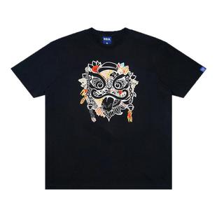 HEA 国潮醒狮八破图拼接印花狮头短袖T恤男女同款宽松设计感上衣