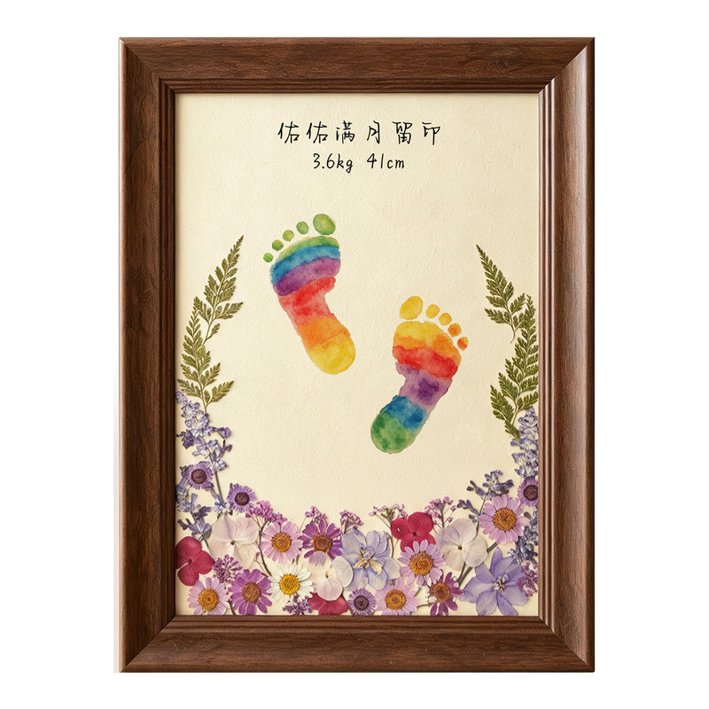 宝宝满月百天手脚印干花相框