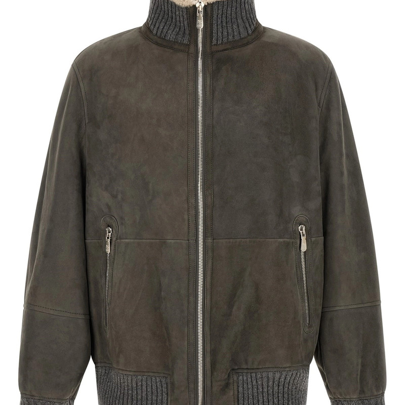 Brunello Cucinelli 男士灰色羊皮羊毛领bc皮衣 26秋冬意大利代购