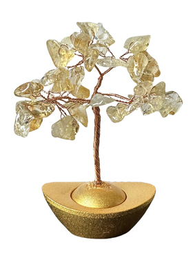 天然黄水晶树旋转元宝发财小摆件