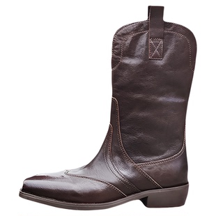 水洗马皮V口尖头牛仔靴女2025新款复古不过膝长筒靴子高筒骑士靴