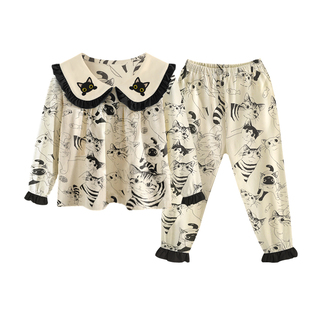 女童春秋季卡通猫咪纯棉新款长袖长裤可爱睡衣女家居服可外穿套装