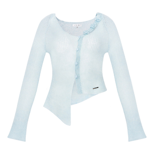Kroche  精致浪漫 手钩花朵 马海毛薄荷蓝开衫