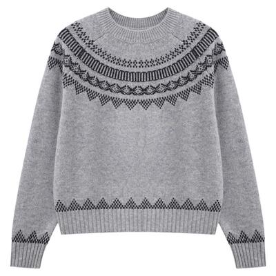 Basic House/百家好圆领费尔岛保暖绵羊毛毛衣女秋冬新款百搭上衣