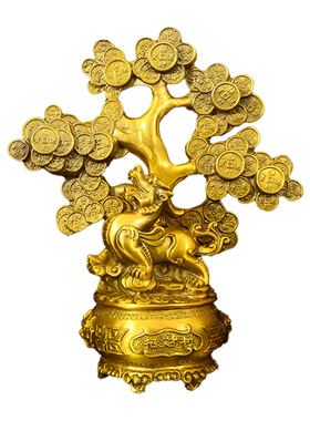 新中式黄铜貔貅招财树摆件