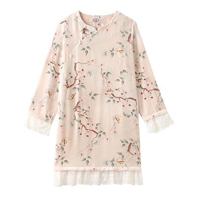 美标女士真丝丝绒国风睡裙秋冬