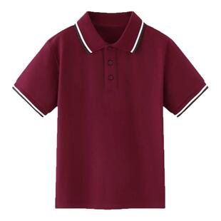 伊顿同款高中小学生校服POLO衫T恤男女童学生夏枣红白绿边短袖棉