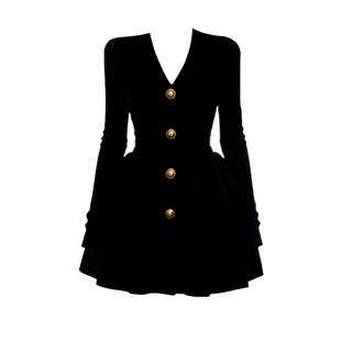 大码胖MM千金风黑色V领连衣裙女冬季长袖收腰A字裙通勤显瘦短裙子