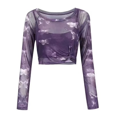 普拉提长袖蝴蝶网纱假两件健身服