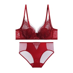 爱慕官方正品牌内衣女红色大胸显小无钢圈小胸聚拢文胸罩内裤套装