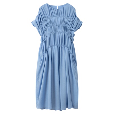 RUISHI芮时“霓光海屿”醋酸亚麻混纺抽褶短袖A字连衣裙女春夏