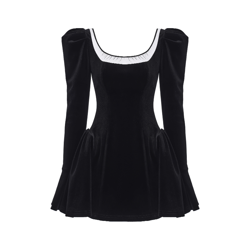 NanaJacqueline冬季新款网纱拼丝绒连衣裙女泡泡袖方圆领复古短裙