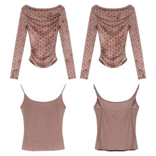 贰羊设计【知丘】一字肩波点网纱两件套上衣女春修身显瘦褶皱长袖