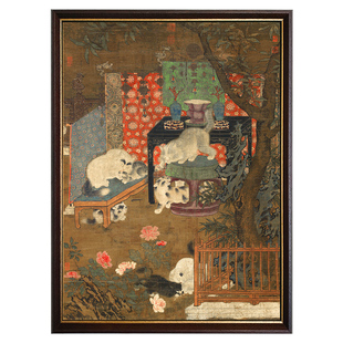 桔子格调 戏猫图 中古法式猫咪书房新中式茶室卧室挂画复古装饰画